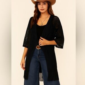 LuLaRoe Black Lace Kimono‎ with Fringe